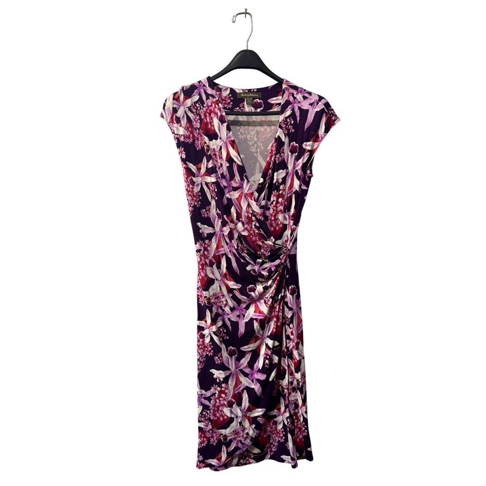 Tommy Bahama Purple Floral Orchid Faux Wrap Ruched Sheath Dress XS Sleeveless